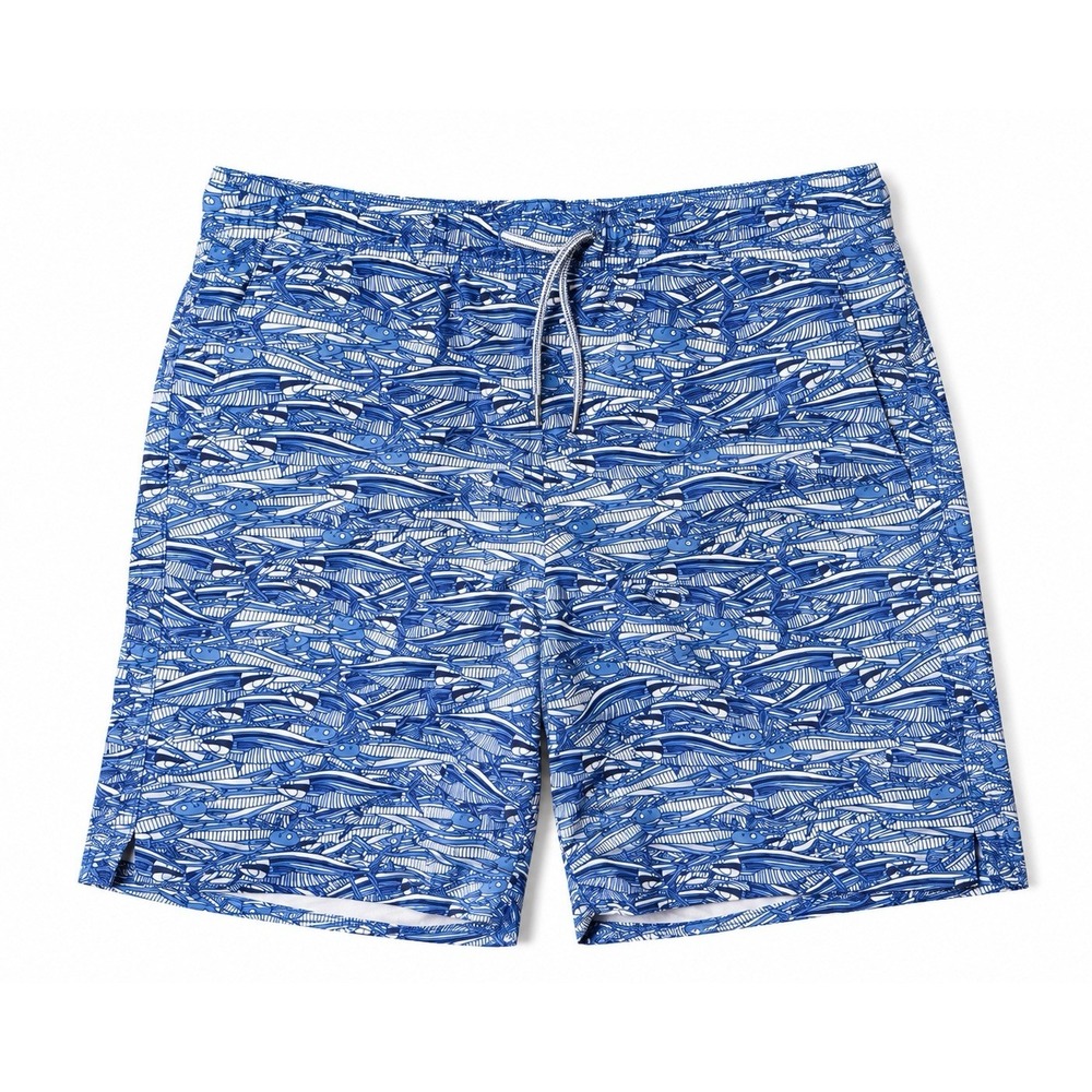 Peter Millar Seaside Boys XL Blue Fish Print Swim Trunks Mesh Lined